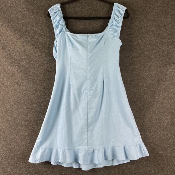 P Cill Linen Blend Mini Dress Womens Large Blue Tie Front Ruffle Cut Out NEW - Picture 8 of 13